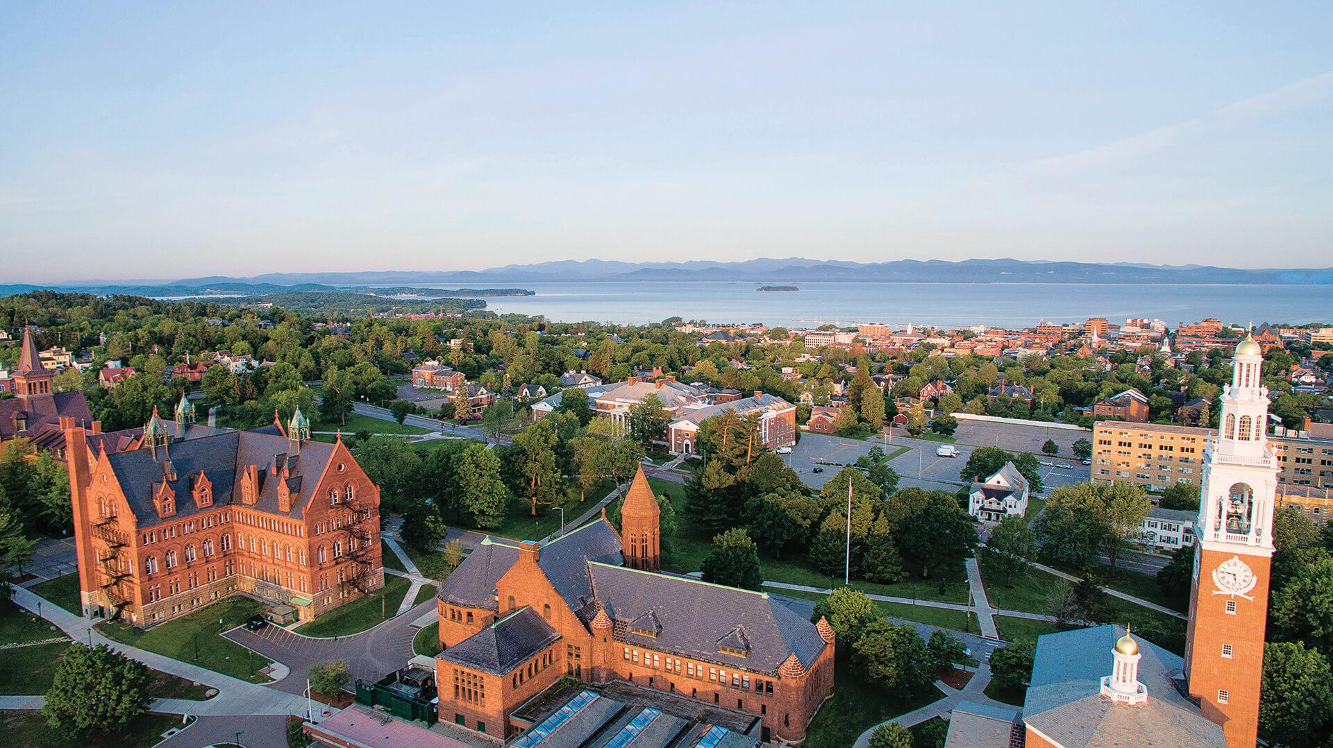 aerial view of UVM campus and lake champlain