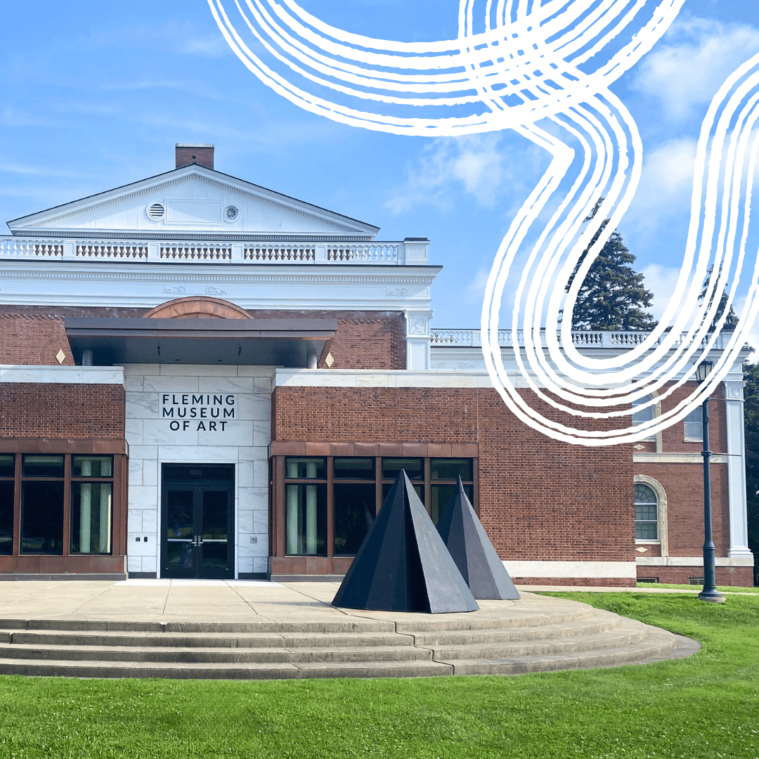 Exterior of the Fleming Museum of Art's main entrance with a graphic swirl