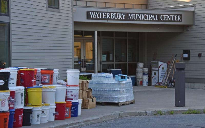 Waterbury Municipal Center by Gordon Miller Waterbury Municipal Center with flood cleanup gear in front