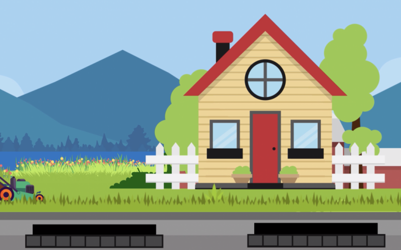Drawing of a house, mountain, lawn and mower