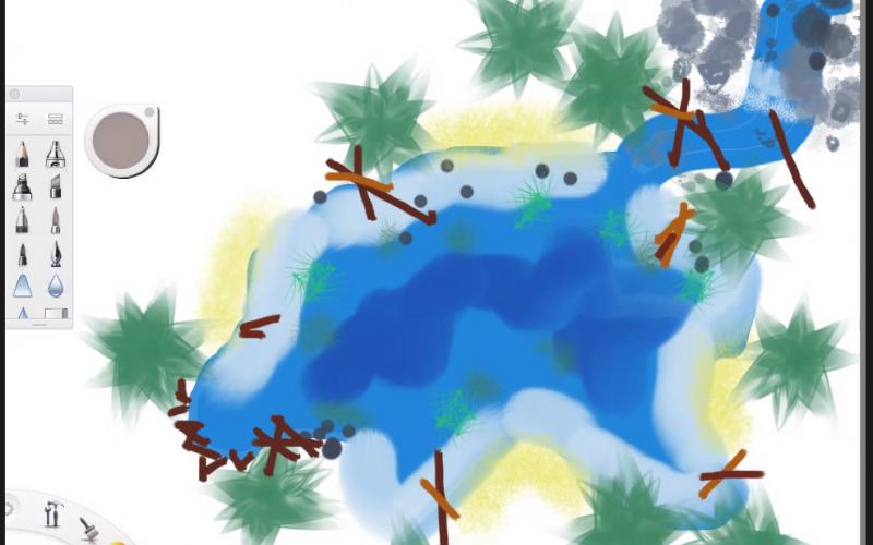 A digital drawing of a camper-designed fish pond habitat by campers and educators. Photo: Lake Champlain Maritime Museum Drawing of a fish pond habitat