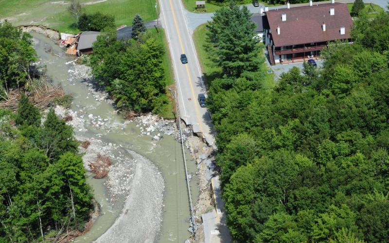 Fluvial erosion resulting from flooding on Vermont Route 4 in Killington, VT during Tropical Storm Irene Photo Credit: Mansfield Heliflight Fluvial erosion resulting from flooding on Vermont Route 4 in Killington, VT during Tropical Storm Irene