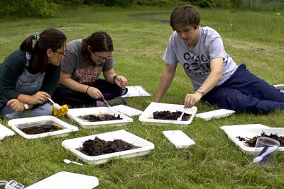 Students on lawn looking at water samples