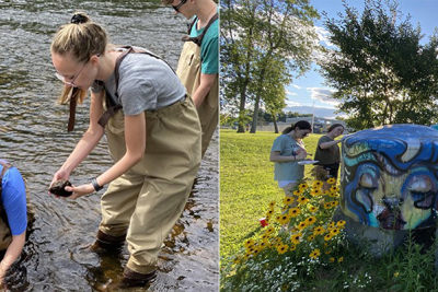 Picture of students in stream and picture of students with wildflowers side by side