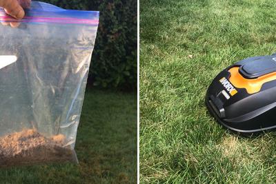 Bag of soil and Mo, the robotic lawnmower