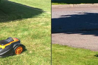 Mo, the robotic mower on lawn and driveway edge