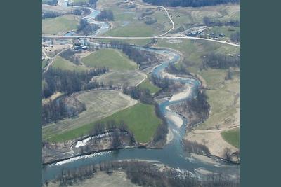 Aerial view of the Trout River where it enters the Missisiquoi River.