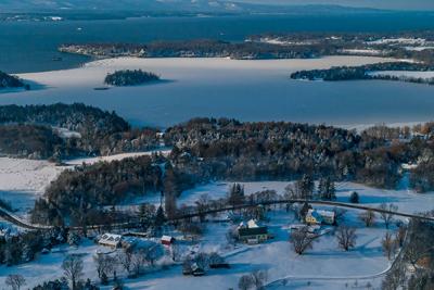 Aerial view of Lake Champlain and Thompson's Point in winter