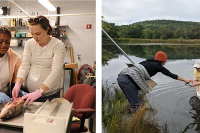 side by side images of students in a lab and a teacher sampling waist deep in water.