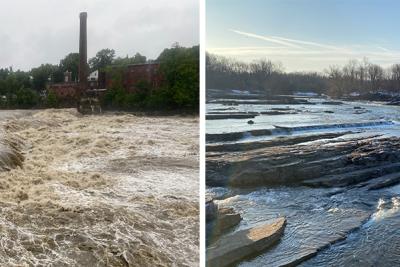 Left: Winooski Falls during flooding, Right: Winooski Falls before flooding