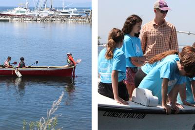 side by side photos of students rowing and students taking secchi disks on Lake Champlain
