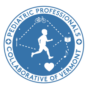 PedsProVT logo: an icon of a child in motion at the heart of a constellation that features a fork, a bike, a music note, and a heart. Text: Pediatric Professionals Collaborative of Vermont