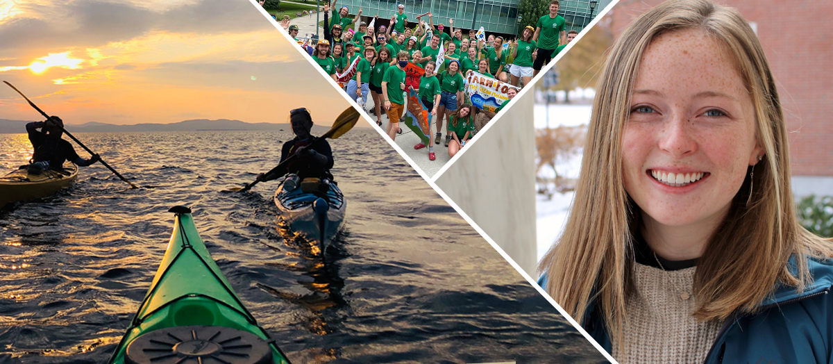 Collage including, Samatha Marcotte, kayaking into the sunset on Lake Champlain, and UVM TREK leaders.