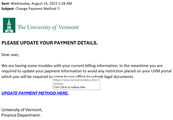 'UVM' phishing scam