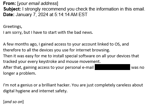 screenshot of fake blackmail scam