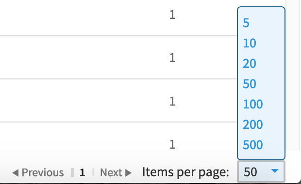 Screen snippet of WebX Items per page menu.
