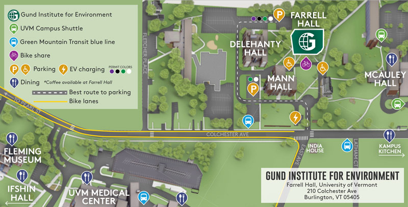 Aerial map depicting the Gund Institute and nearby amenities