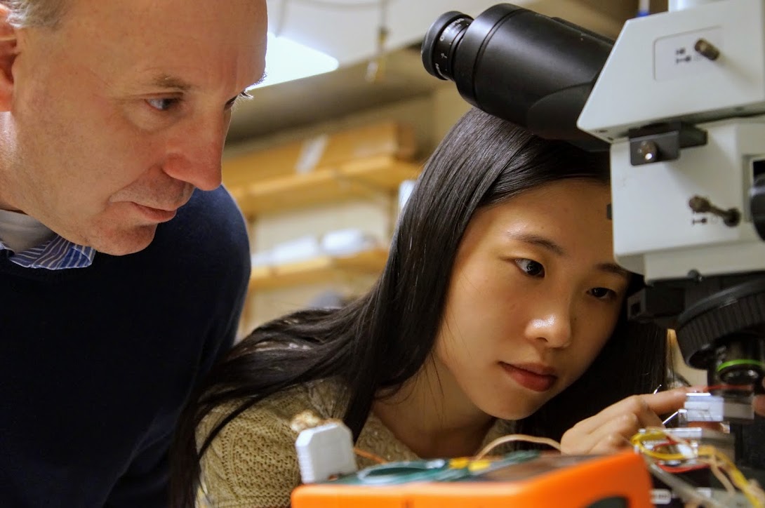 Physics chair Randall Headrick advising student at a microscope