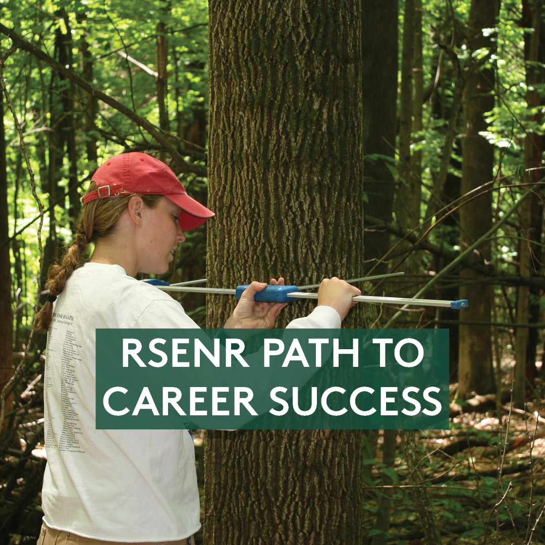 Student measuring a tree, text reads "RSENR Path to Career Success"