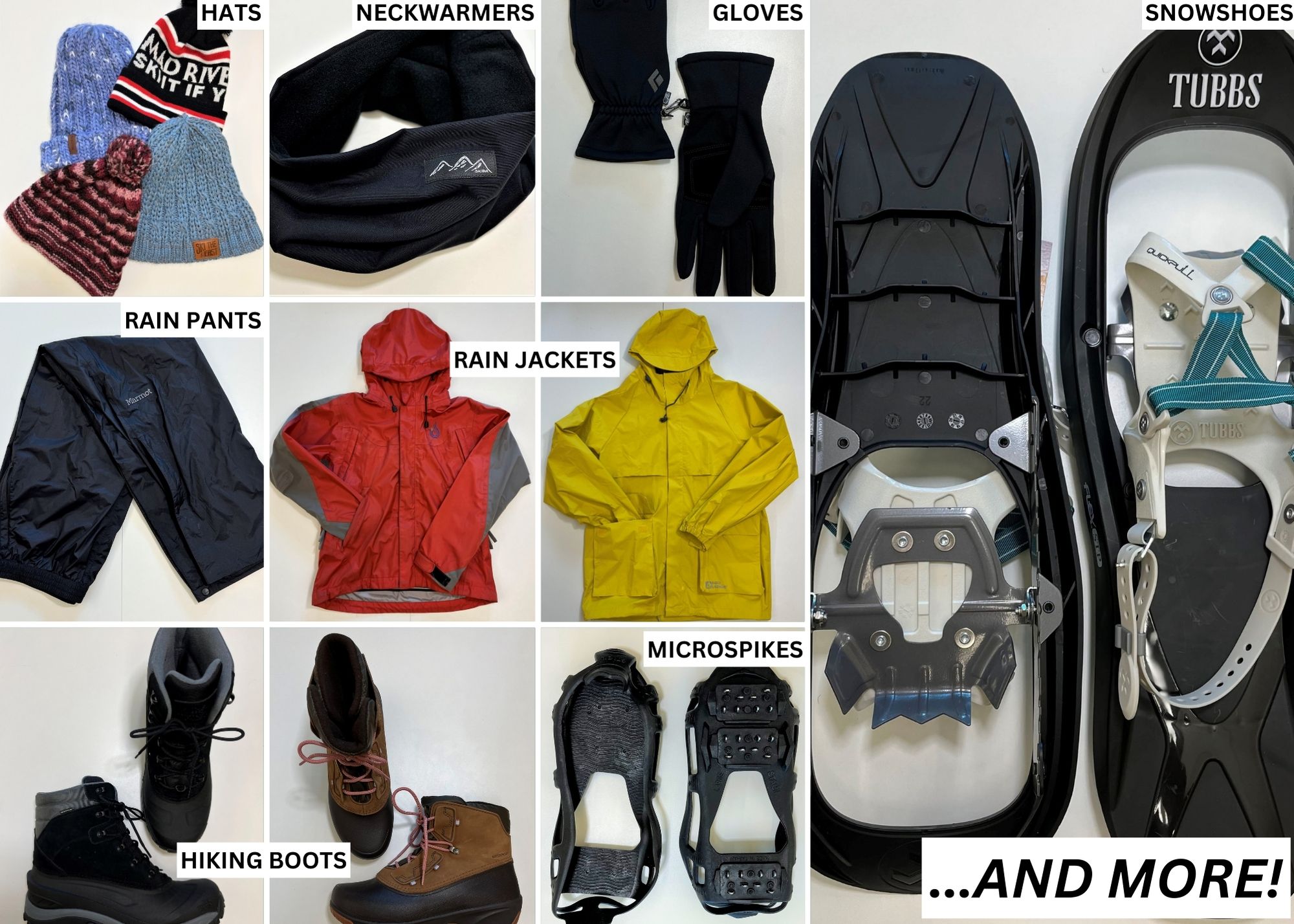 Image collage of a variety of Rubenstein School gear including jackets, microspikes, snowshoes, gloves, and more.