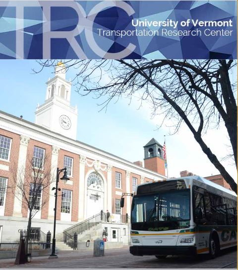 A University of Vermont CAT bus outside a Burlington, VT's City Hall. TRC - University of Vermont Transportation Research Center is written across the top