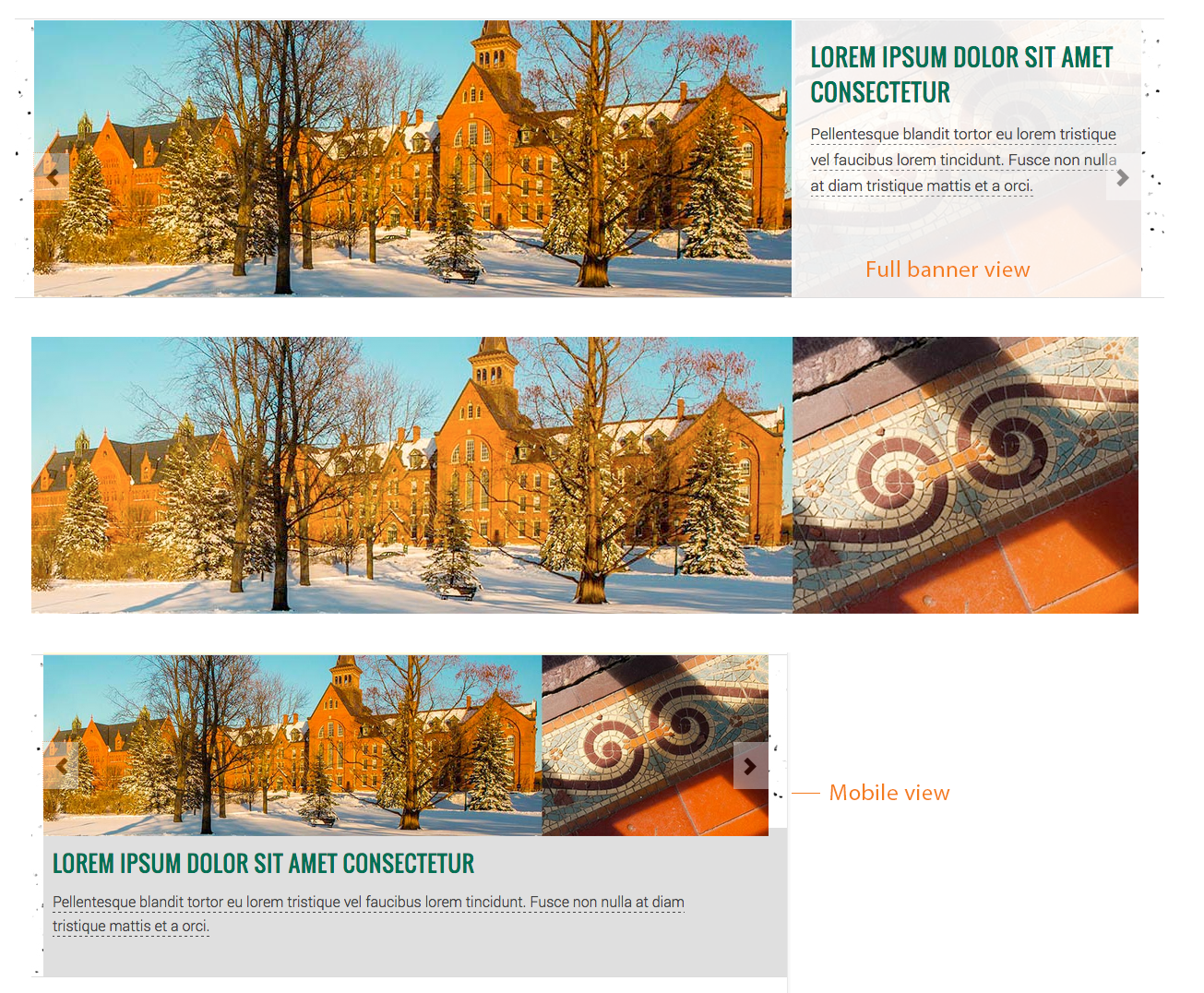 Example of a home page banner composed of 2 images that makes good use of an architectural texture under the caption area.