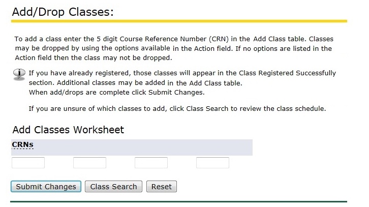Add classes by inserting the CRN for the class in the worksheet CRN field.