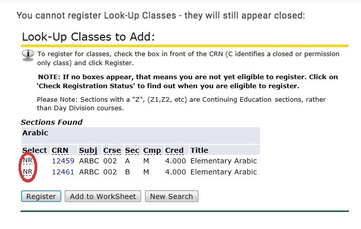 When you look-up classes after five days, no boxes will appear and you cannot register without an override.