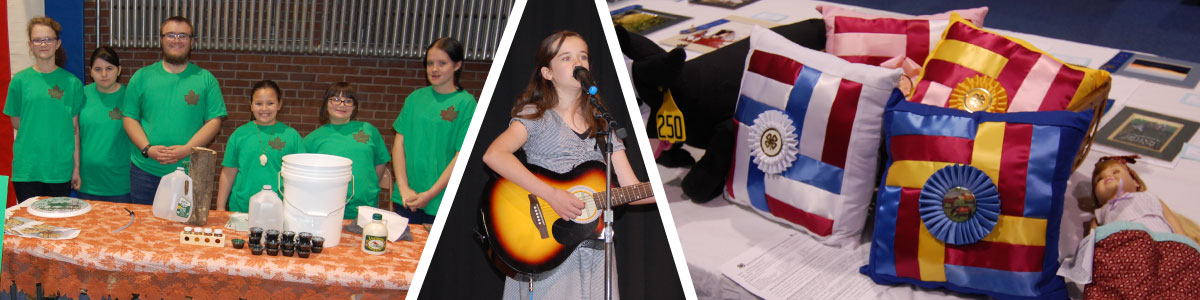 group of youth at tabletop exhibit; guitarist/singer; sewing projects on a table