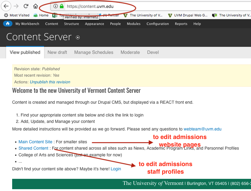 Screenshot showing "Main Content site" link to edit website pages; "Shared Content" link to edit profiles.