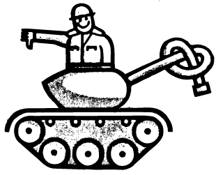 Cartoon 
of Man with thumbs down, sitting in tank with a pretzel gun barrel.