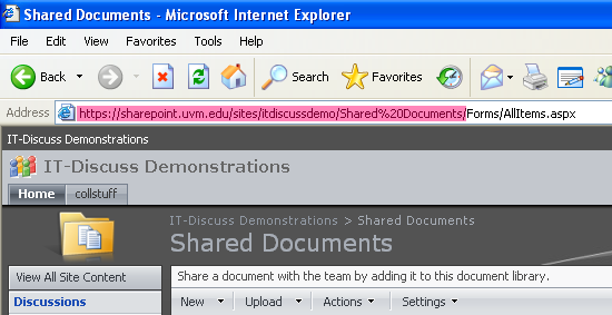 Document library URL highlighted 