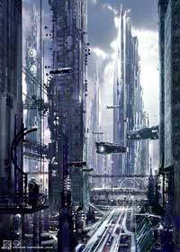 blue-grey cityscape with soaring structures that dwarf lumbering ships that thread their way through the scene.