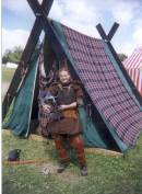 Morag in armour by her famous plaid tent  