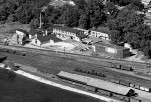 Aerial view of the waterfront showing the Wilson and Haigh buildings