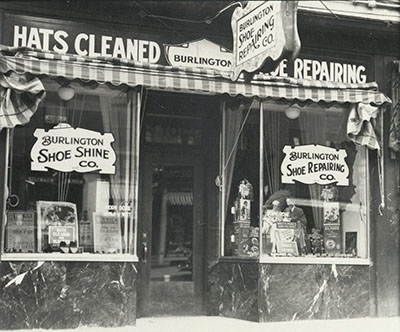 circa 1940s storefront of Burlington Shoe Repairing Co. at 101 Church Street.