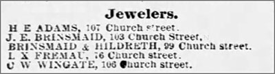Newspaper directory clipping from 1882 for jewelers