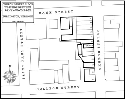 Map of Block with buildings in study highlighted