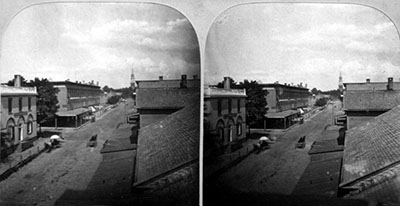 circa 1870 stereoview of the corner of Church and Bank Streets