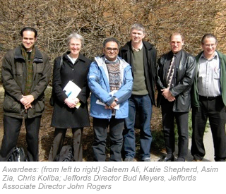 Awardees: (from left to right} Saleem Ali, Katie Shepherd, Asim Zia, Chris Koliba; Jeffords Director Bud Meyers, Jeffords Associate Director John Rogers