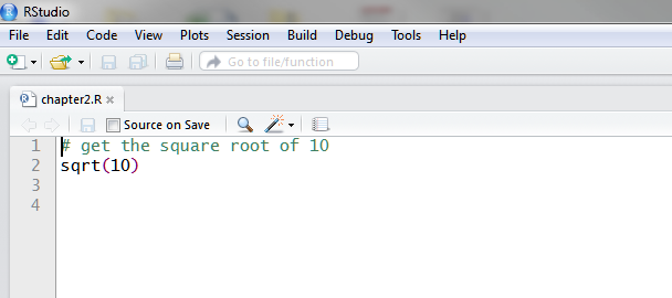 The file, chapter2.R, in RStudio's editor pane.
