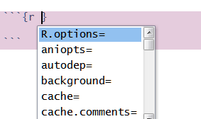 Code chunk options are displayed with the help of the tab key.