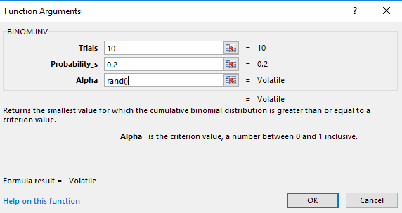 The BINOM.INV function in Excel.