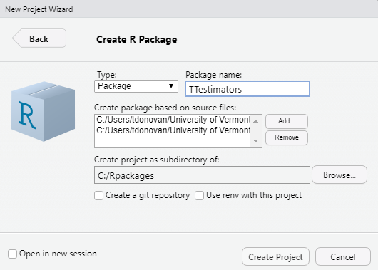 The Create R Package wizard will create a new R project that includes the 'shell' of a package.