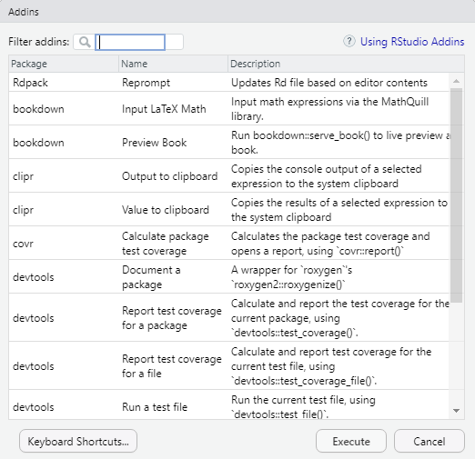 A list of add-ins.