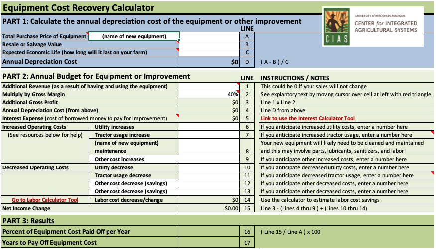 Equipment Cost Recovery Tool Farm Labor Dashboard