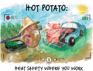 A cartoon image of a potato taking a water break by a tailgate.