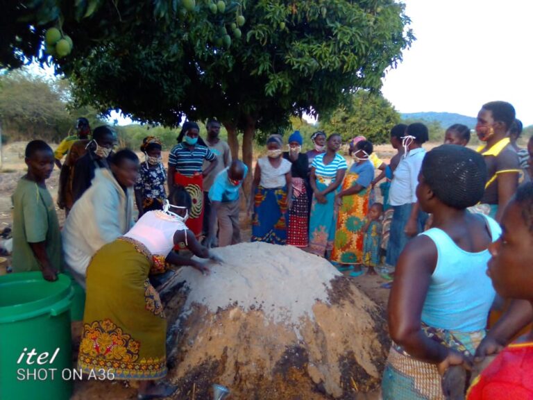 The Farmer Research Team members of the Soils, Food and Healthy Communities program run a bokashi fertilizer training, Malawi, Fall 2020.