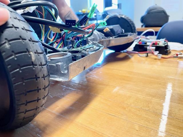 A closeup of the prototype, which features wheels from a commercial toy hoverboard. (Photo credit: Tamra Yandow).