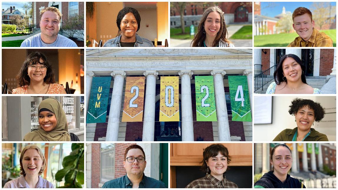 Collage of 12 undergraduate and graduate students surrounding the UVM 2024 banner hung in front of Waterman Building.